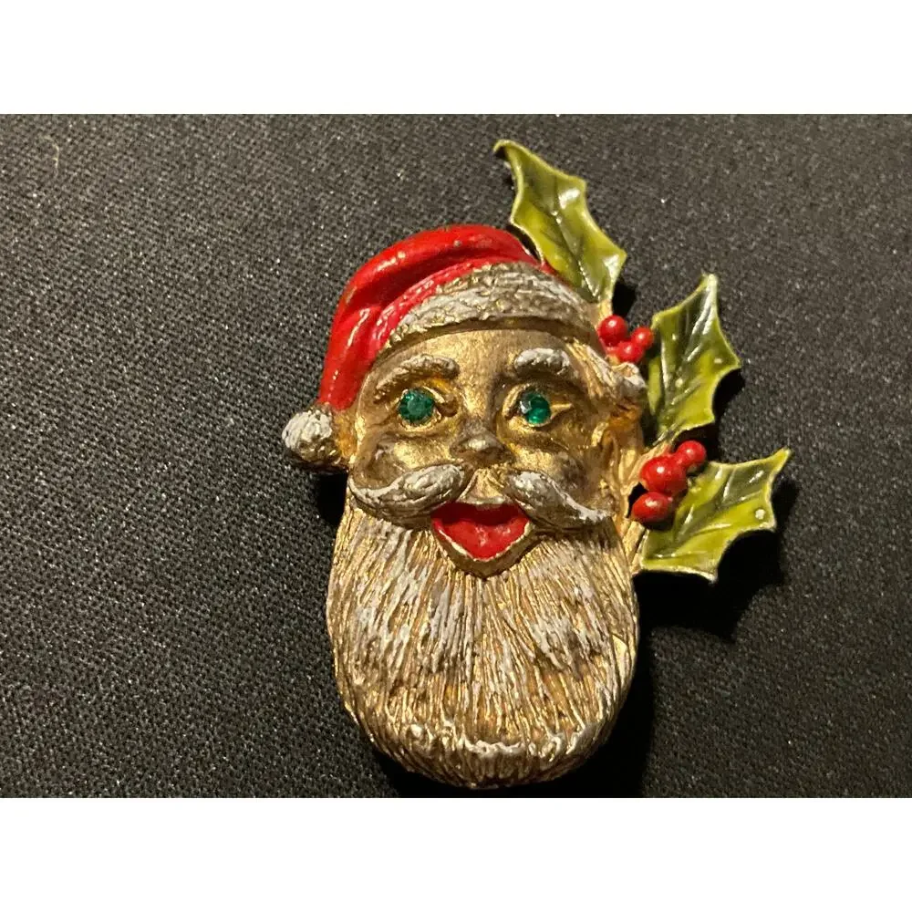Vintage Santa Claus Brooch Red and Green Enamel